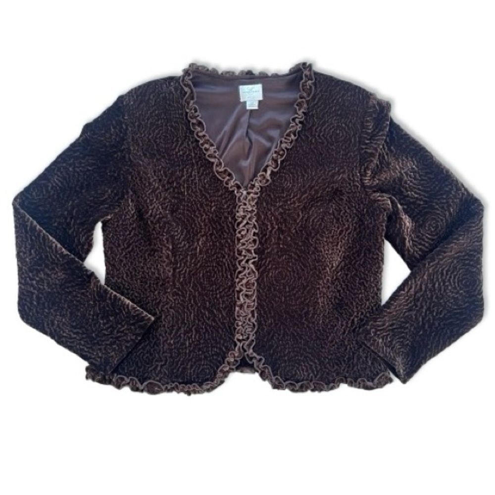 Emma James VTG-Inspired Textured Espresso Ruffle Open Front Blazer Jacket SZ 14 - Picture 5 of 15